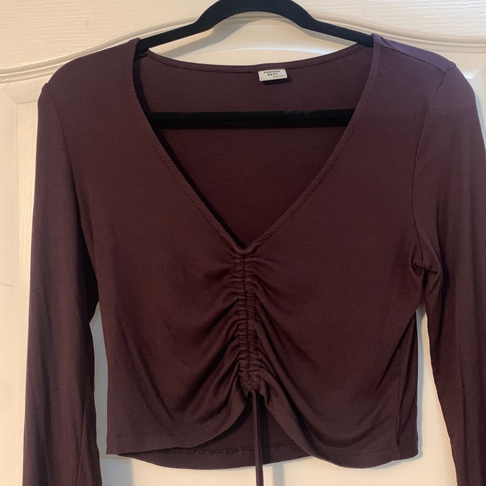Aritizia Sunday Best Maroon Long Sleeve with Drawstring Front Cropped Shirt